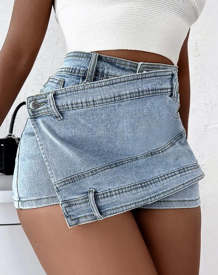 Y2K Vintage Denim Asymmetrical Wrap Skorts - Stretch A-Line Mini Skirts