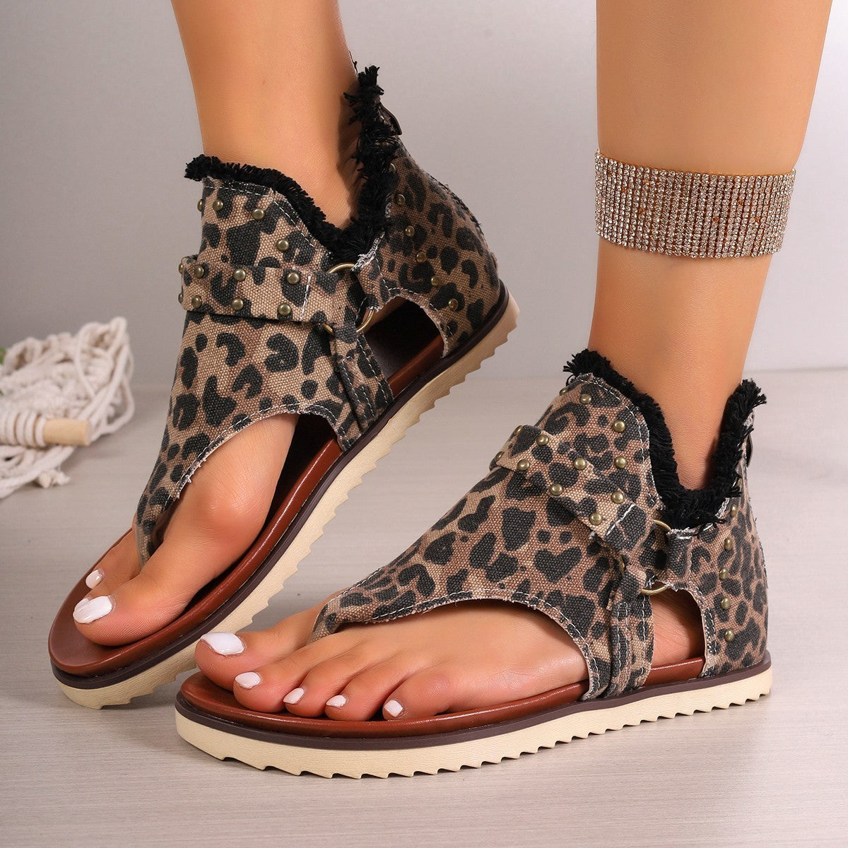 Denim Thong Sandals With Rear Zipper Summer Retro Beach Flat Shoes For Women
