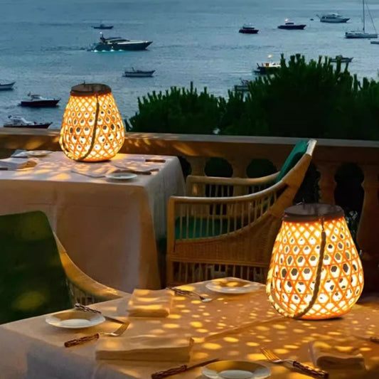 Waterproof Solar Lantern Bamboo Weave Table Lamp