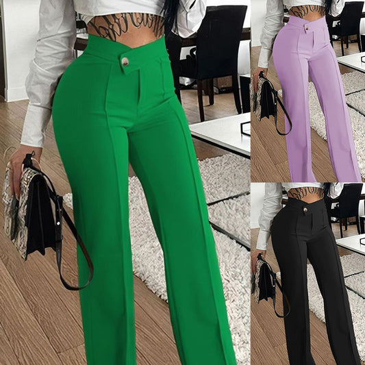 Slim Straight-Leg Buckle Pants - Stylish Solid Color Trousers for Women