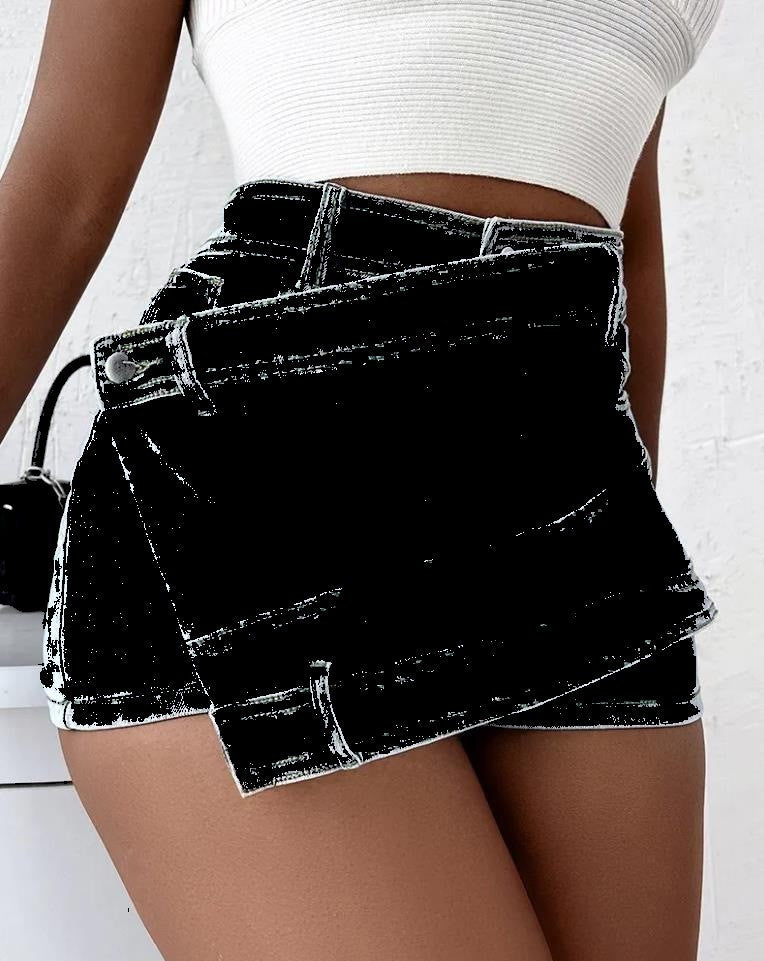 Y2K Vintage Denim Asymmetrical Wrap Skorts - Stretch A-Line Mini Skirts