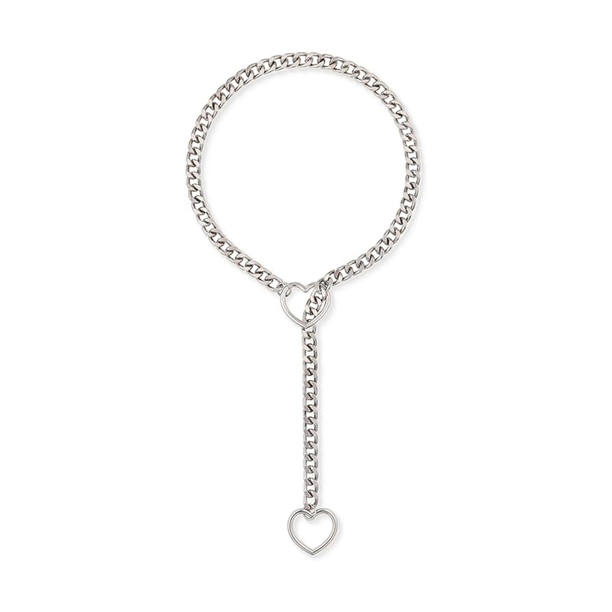 Stainless Steel Lariat Heart Necklace - Heavy Ring Cuban Chain Choker for Women & Men