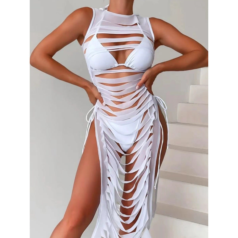 Pure Color Bikini Personality Empty Dress Three Piece Swimsuit