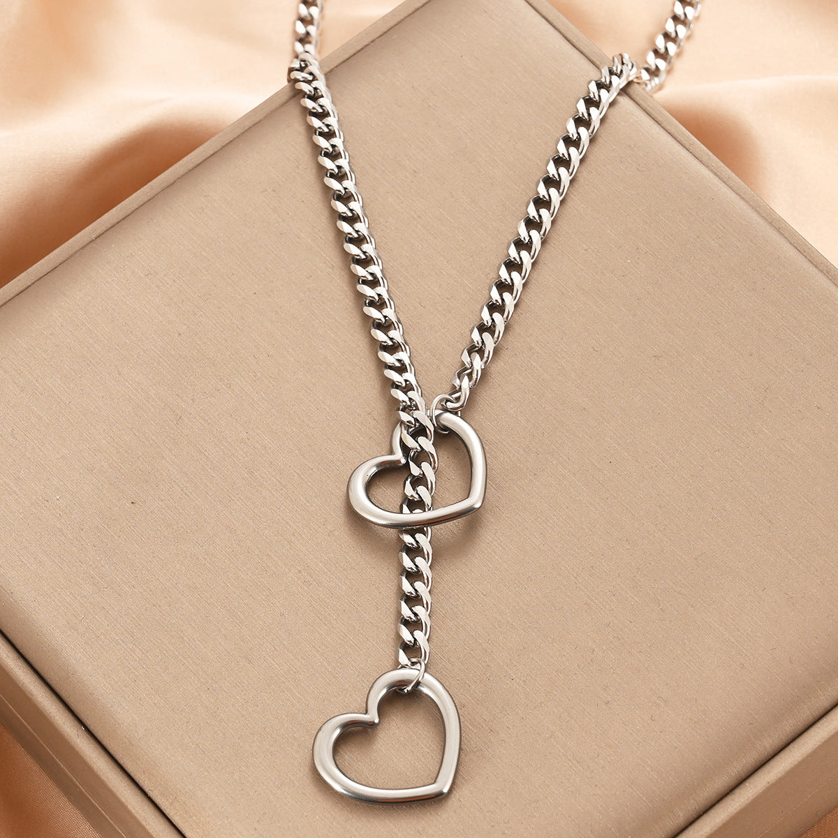 Stainless Steel Lariat Heart Necklace - Heavy Ring Cuban Chain Choker for Women & Men