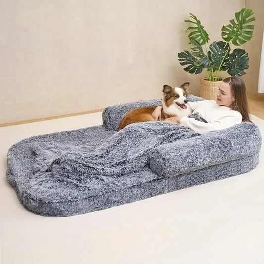 Pet Bed for Dog House Indoor 72”x44“x12” Memory Foam Human Sized Dog Bed Fur Cap Mattresses Grey Canopy Canopy Mats Puppy Stairs