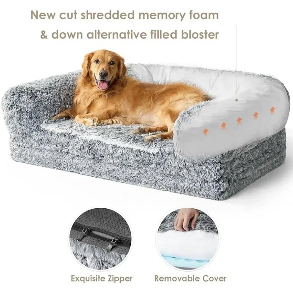 Pet Bed for Dog House Indoor 72”x44“x12” Memory Foam Human Sized Dog Bed Fur Cap Mattresses Grey Canopy Canopy Mats Puppy Stairs
