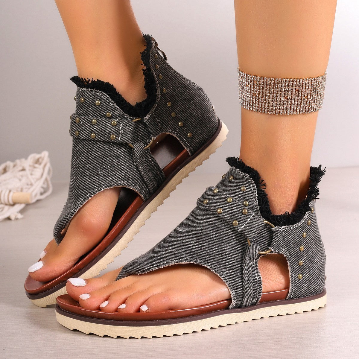 Denim Thong Sandals With Rear Zipper Summer Retro Beach Flat Shoes For Women