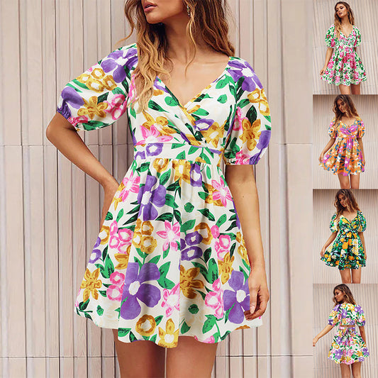 Floral V-Neck Lantern Sleeve Y2K Beach Dress