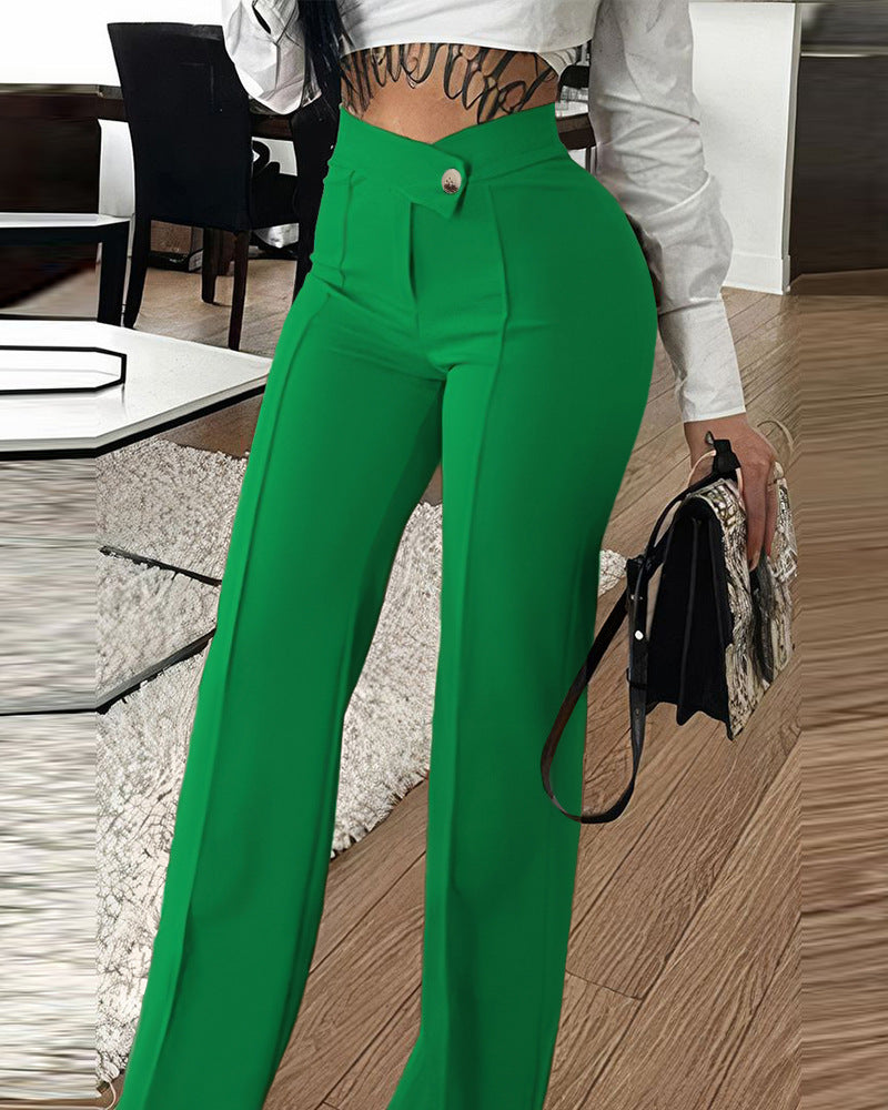 Slim Straight-Leg Buckle Pants - Stylish Solid Color Trousers for Women